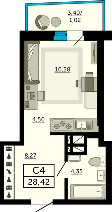 28,4 м², студия, 16/33 этаж