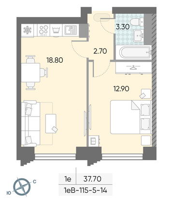 Продажа 1-комнатной квартиры 37,7 м², 6/58 этаж
