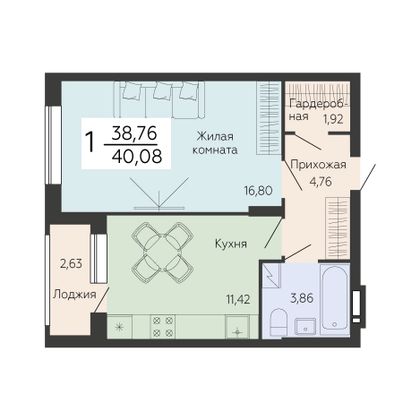 Продажа 1-комнатной квартиры 40,1 м², 2/14 этаж