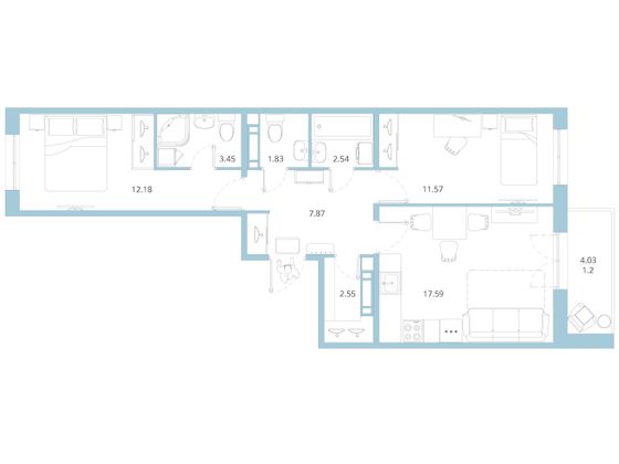 60,8 м², 2-комн. квартира, 3/16 этаж