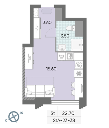 Продажа квартиры-студии 22,7 м², 38/58 этаж