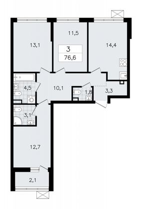 76,6 м², 3-комн. квартира, 2/12 этаж