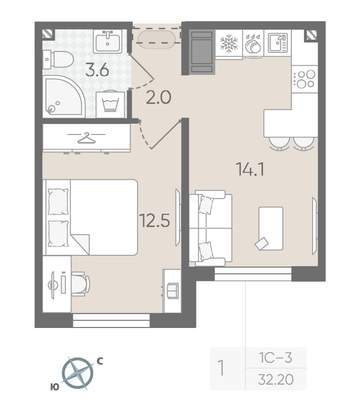 Продажа 1-комнатной квартиры 32,2 м², 3/19 этаж