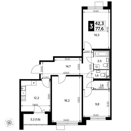 77,7 м², 3-комн. квартира, 11/20 этаж