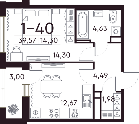 39,6 м², 1-комн. квартира, 7/8 этаж