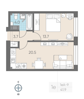 Продажа 1-комнатной квартиры 41,9 м², 5/11 этаж