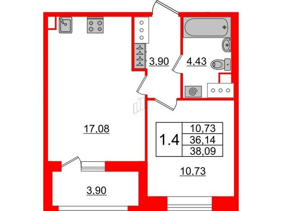 Продажа 1-комнатной квартиры 36,1 м², 10/18 этаж