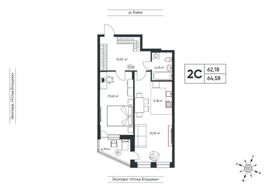 64,6 м², 2-комн. квартира, 3/6 этаж