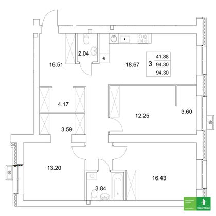 94,3 м², 3-комн. квартира, 4/10 этаж