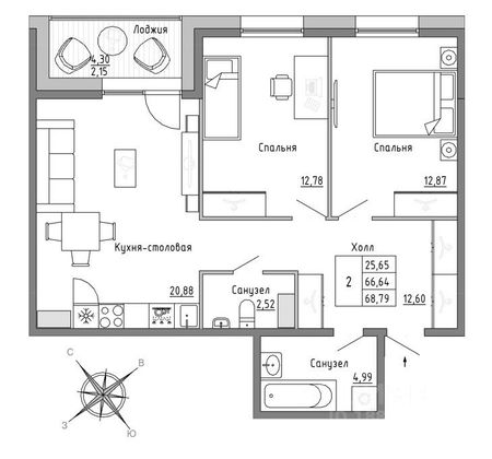 Продажа 2-комнатной квартиры 68,8 м², 9/11 этаж