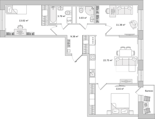 77,6 м², 3-комн. квартира, 6/21 этаж