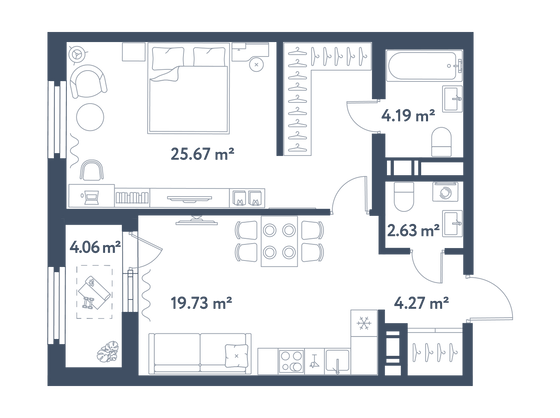 58,5 м², 1-комн. квартира, 2/11 этаж