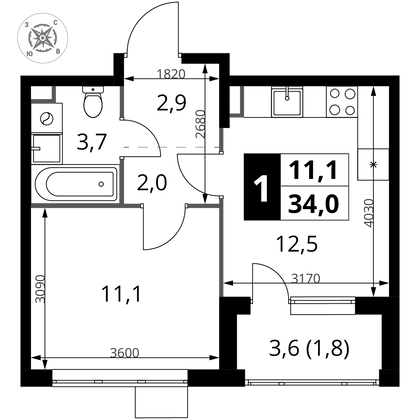 34 м², 1-комн. квартира, 15/17 этаж