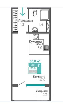 35,8 м², студия, 9/10 этаж