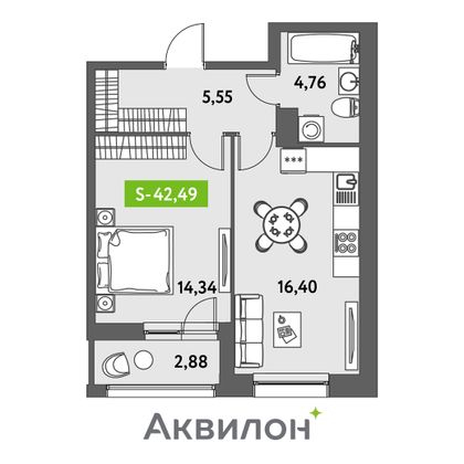 42,5 м², 1-комн. квартира, 4/12 этаж