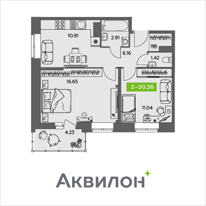 50,4 м², 2-комн. квартира, 3/9 этаж