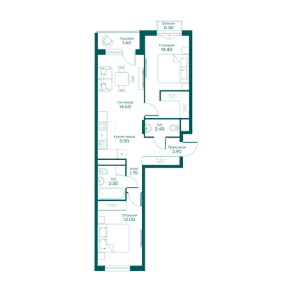 59,5 м², 3-комн. квартира, 6/6 этаж