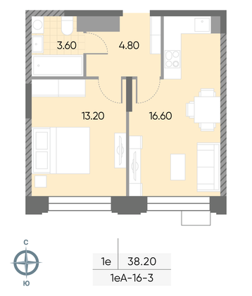 Продажа 1-комнатной квартиры 38,2 м², 3/30 этаж
