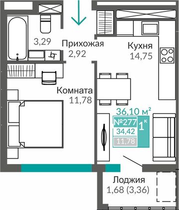 34,4 м², 1-комн. квартира, 4/9 этаж