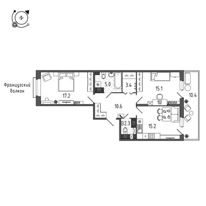 73,2 м², 2-комн. квартира, 4/12 этаж