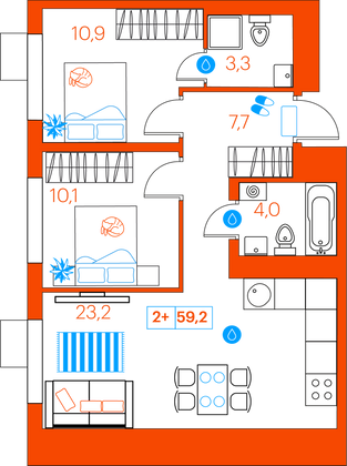 59,2 м², 2-комн. квартира, 9/21 этаж