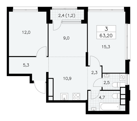 63,2 м², 3-комн. квартира, 29/30 этаж