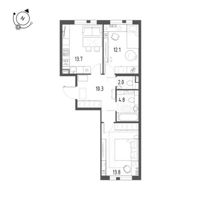 56,7 м², 2-комн. квартира, 2/12 этаж