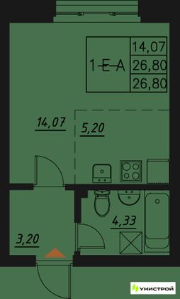 26,8 м², 1-комн. квартира, 8/20 этаж