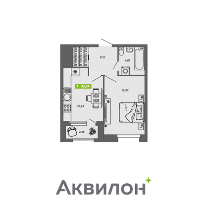 35,1 м², 1-комн. квартира, 2/16 этаж