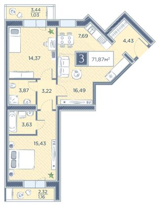 71,9 м², 3-комн. квартира, 2/8 этаж