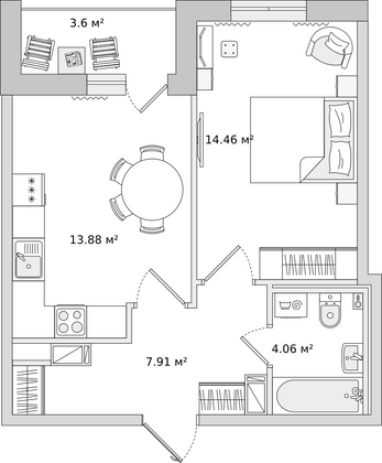 Продажа 1-комнатной квартиры 44,7 м², 1/16 этаж