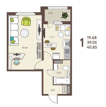 40,8 м², 1-комн. квартира, 2/18 этаж