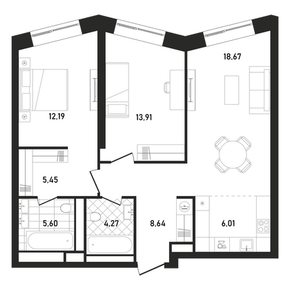 74,7 м², 2-комн. квартира, 12/33 этаж