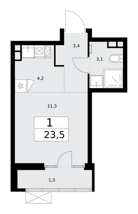 23,5 м², 1-комн. квартира, 9/15 этаж