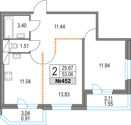 53,1 м², 2-комн. квартира, 3/16 этаж