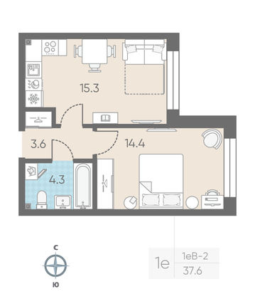 Продажа 1-комнатной квартиры 37,6 м², 2/11 этаж