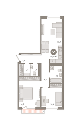 Продажа 2-комнатной квартиры 67,4 м², 5/8 этаж