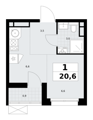 20,6 м², своб. планировка, 3/9 этаж