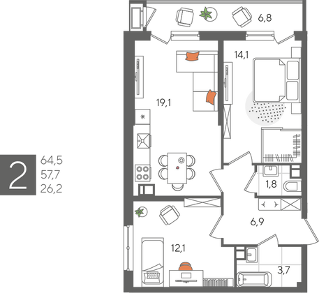 Продажа 2-комнатной квартиры 64,5 м², 5/24 этаж