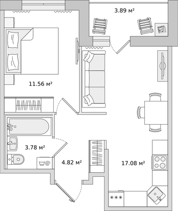 41,1 м², 1-комн. квартира, 13/17 этаж