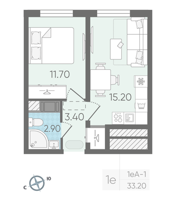 Продажа 1-комнатной квартиры 33,4 м², 23/25 этаж