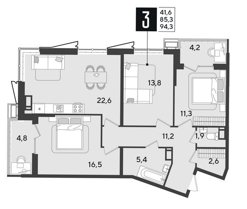 Продажа 3-комнатной квартиры 94,3 м², 17/18 этаж