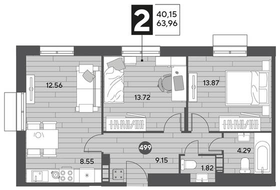 Продажа 2-комнатной квартиры 64 м², 6/15 этаж