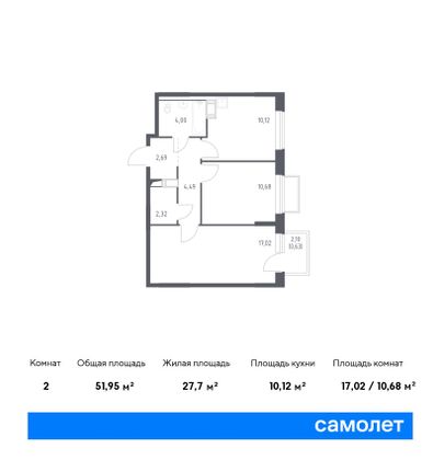 52 м², 2-комн. квартира, 16/17 этаж