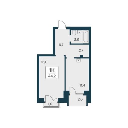 44,2 м², 1-комн. квартира, 2/21 этаж