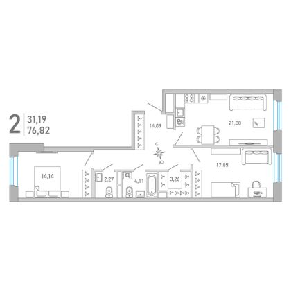 76,8 м², 2-комн. квартира, 3/10 этаж