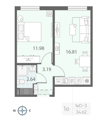 Продажа 1-комнатной квартиры 34,6 м², 12/23 этаж