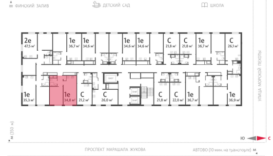 34,8 м², 1-комн. квартира, 21/23 этаж