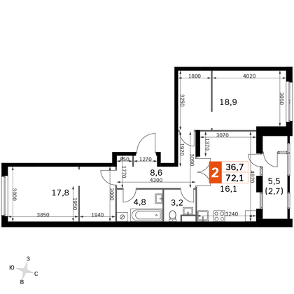 72,1 м², 2-комн. квартира, 11/43 этаж