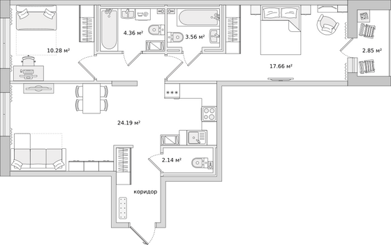73,7 м², 2-комн. квартира, 2/16 этаж